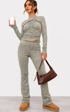 Sage Green Textured Marl Contrast Seam Skinny Flare Pants