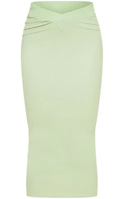 Sage Green Textured Rib V Waist Midaxi Skirt