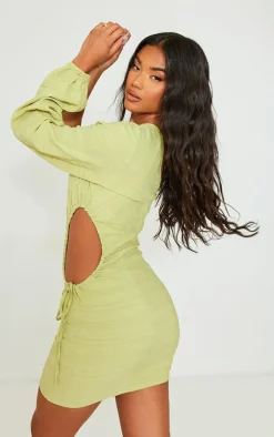 Sage Green Textured Woven Ruched Cut Out One Shoulder Shift Dress