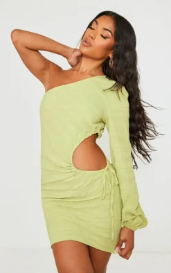 Sage Green Textured Woven Ruched Cut Out One Shoulder Shift Dress