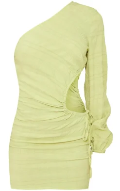 Sage Green Textured Woven Ruched Cut Out One Shoulder Shift Dress