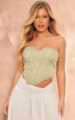 Sage Green Textured Woven Boned Tie Back Corset