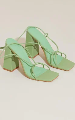 Sage Green Wide Fit PU Fold Over Lace Detail High Block Heeled Sandals