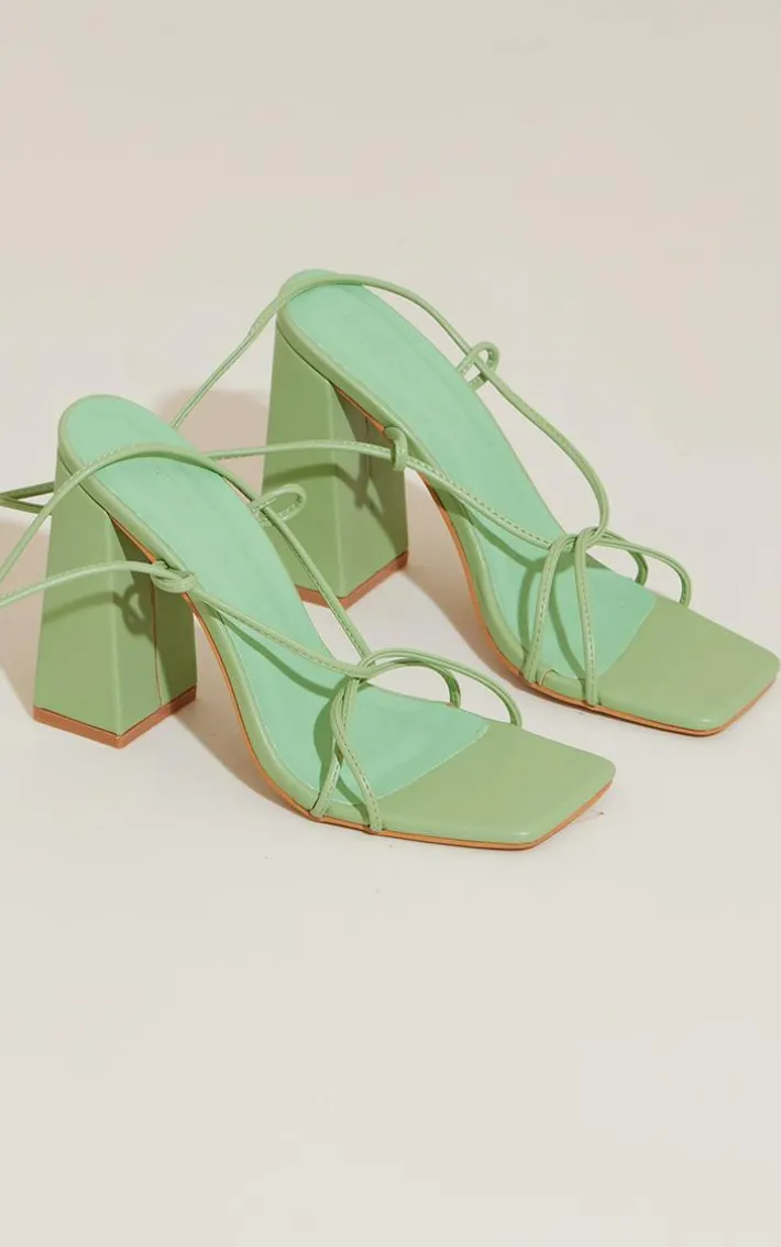 Sage Green Wide Fit PU Fold Over Lace Detail High Block Heeled Sandals
