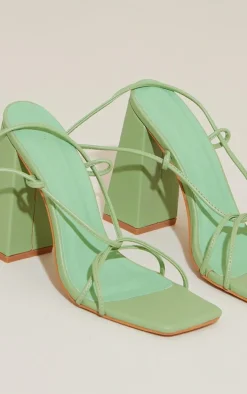 Sage Green Wide Fit PU Fold Over Lace Detail High Block Heeled Sandals