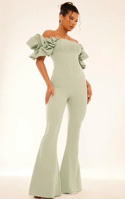 Sage Green Woven Pleated Corset Detail Bardot Frill Jumpsuit