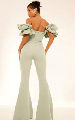 Sage Green Woven Pleated Corset Detail Bardot Frill Jumpsuit
