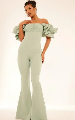 Sage Green Woven Pleated Corset Detail Bardot Frill Jumpsuit