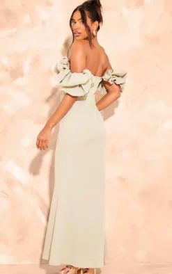 Sage Green Woven Pleated Corset Detail Frill Maxi Dress