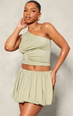 Sage Jersey Ruched Detail One Shoulder Top