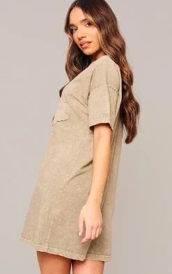 Sage Khaki Acid Wash Cross Applique T Shirt Dress