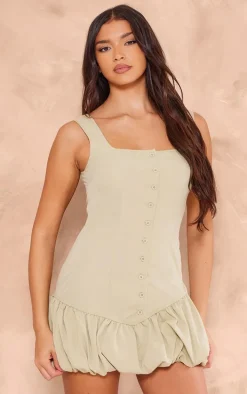 Sage Khaki Button Up Puff Ball Dress