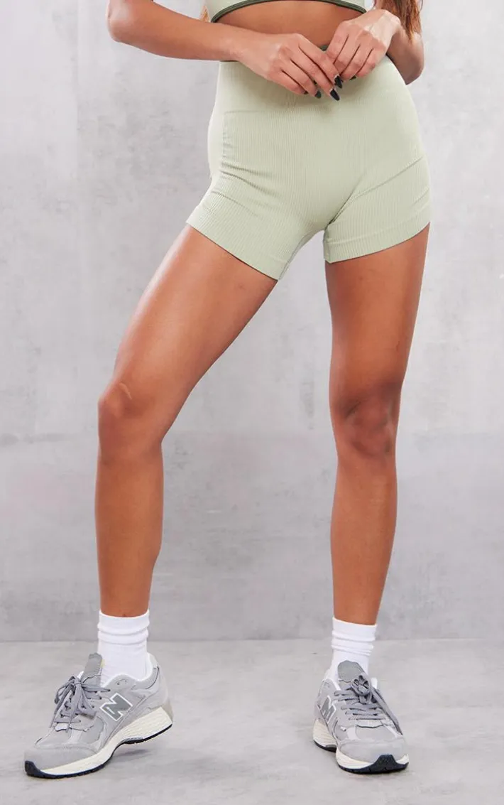Sage Khaki Contrast Snatched Rib Ruched Side Hotpants