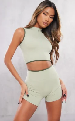 Sage Khaki Contrast Snatched Rib Ruched Side Hotpants