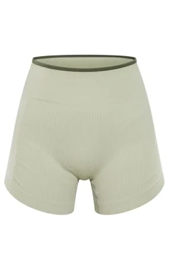 Sage Khaki Contrast Snatched Rib Ruched Side Hotpants