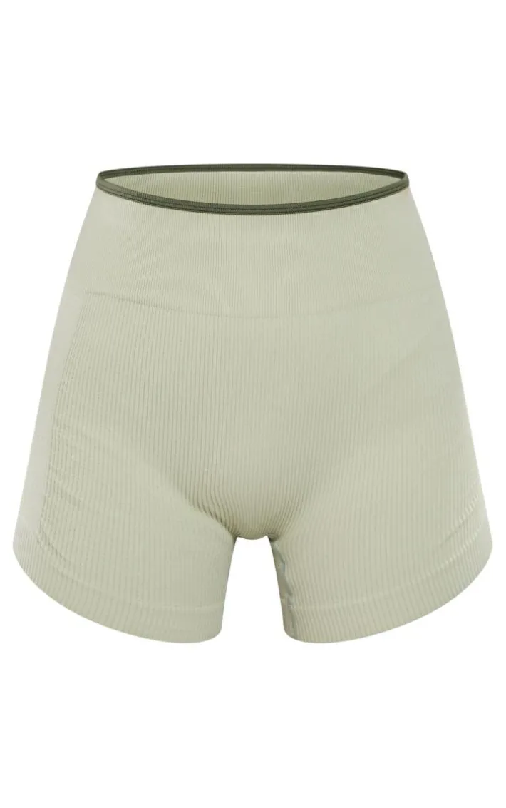 Sage Khaki Contrast Snatched Rib Ruched Side Hotpants