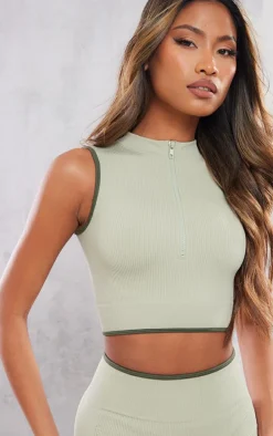 Sage Khaki Contrast Snatched Rib Zip Neck Top
