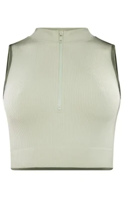 Sage Khaki Contrast Snatched Rib Zip Neck Top