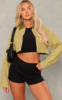 Sage Khaki Cotton Feel Contrast Collar Crop Jacket