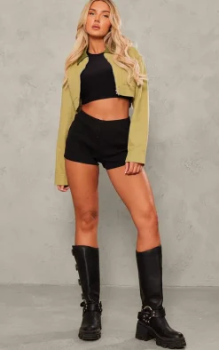 Sage Khaki Cotton Feel Contrast Collar Crop Jacket