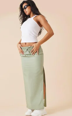 Sage Khaki Cotton Poplin Split Side Drawstring Waist Midaxi Skirt