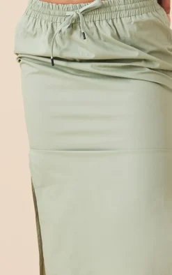 Sage Khaki Cotton Poplin Split Side Drawstring Waist Midaxi Skirt