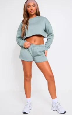 Sage Khaki Drawstring Mini Low Rise Sweat Shorts
