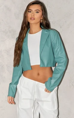 Sage Khaki Faux Leather Minimal Crop Blazer