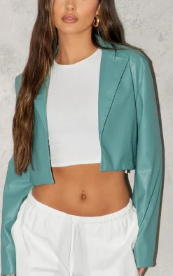 Sage Khaki Faux Leather Minimal Crop Blazer