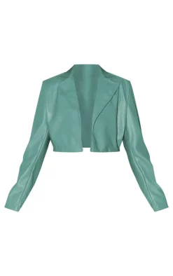 Sage Khaki Faux Leather Minimal Crop Blazer