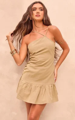 Sage Khaki Linen Look Cross Strappy Frill Shift Dress