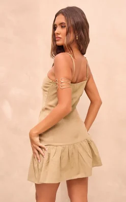 Sage Khaki Linen Look Cross Strappy Frill Shift Dress