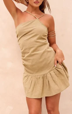 Sage Khaki Linen Look Cross Strappy Frill Shift Dress