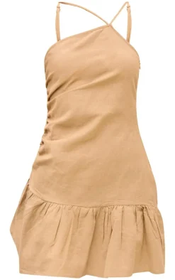 Sage Khaki Linen Look Cross Strappy Frill Shift Dress