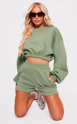 Sage Khaki Oversized Cinched Cropped Sweatshirt
