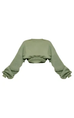Sage Khaki Oversized Cinched Cropped Sweatshirt