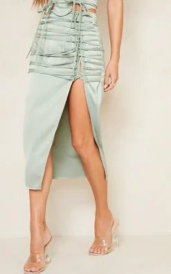 Sage Khaki Satin Lace Up Back Midi Skirt