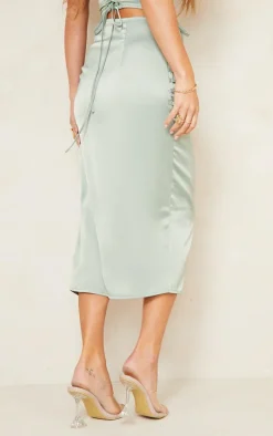 Sage Khaki Satin Lace Up Back Midi Skirt
