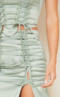 Sage Khaki Satin Lace Up Back Midi Skirt