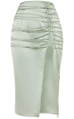 Sage Khaki Satin Lace Up Back Midi Skirt
