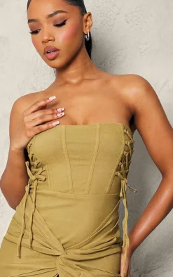 Sage Khaki Stretch Woven Bandeau Lace Up Corset Bodycon Dress