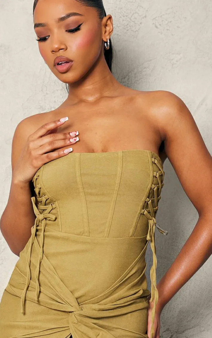 Sage Khaki Stretch Woven Bandeau Lace Up Corset Bodycon Dress