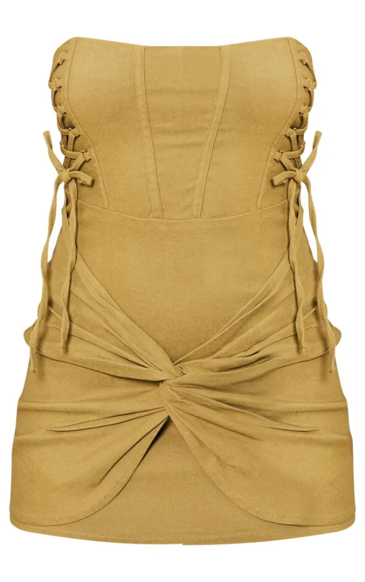 Sage Khaki Stretch Woven Bandeau Lace Up Corset Bodycon Dress
