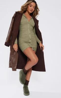 Sage Khaki Textured Button Down Polo Collar Shirt Dress