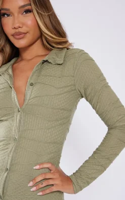 Sage Khaki Textured Button Down Polo Collar Shirt Dress