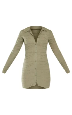 Sage Khaki Textured Button Down Polo Collar Shirt Dress