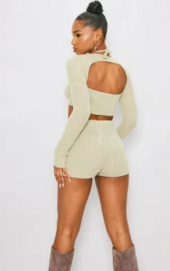 Sage Khaki Textured Rib Halterneck Keyhole Crop Top With Shrug
