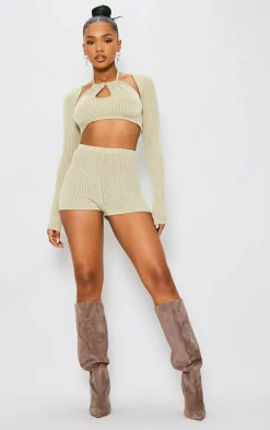 Sage Khaki Textured Rib Halterneck Keyhole Crop Top With Shrug