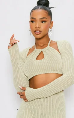 Sage Khaki Textured Rib Halterneck Keyhole Crop Top With Shrug