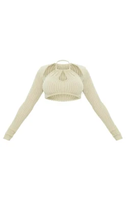 Sage Khaki Textured Rib Halterneck Keyhole Crop Top With Shrug